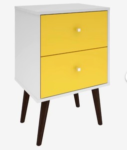 lot 6283 image: Manhattan Comfort Liberty White and Yellow Nightstand, 17.72 in Length, 27.09 in Height, 14.7 in Depth PRE-OWNED, ONE CRACK ON BOTTOM BUT FUNCTIONAL, ALREADY ASSEMBLED