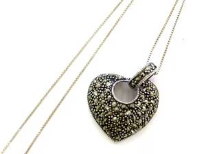 lot 10000065 image: Vintage Sterling Silver Marcasite Pierced Puffy Heart Pendant Necklace
