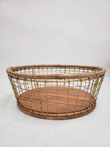lot 6257 image: 12 Inch Wood and Gold Wire Basket
