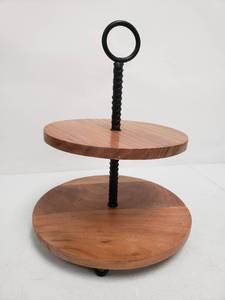 lot 6258 image: Wood and Metal 2-Tiered Display Tray - 12 Inch and 10 Inch Tiers
