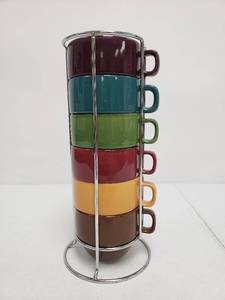 lot 10000057 image: World Market Multicolor Stackable CoffeeTea Cups - Set of 6 with Chrome Stand