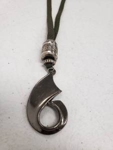 lot 10000064 image: Decorative Metal and Green Ribbon Beaded Necklace Safety Pinned Clasp
