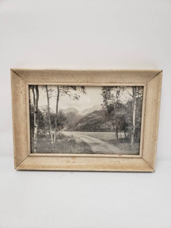 lot 10000027 image: Beige Rustic Wooden Picture Frame with Black and White Landscape Photo - 13.5in W x 9.5in H
