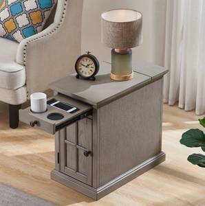 lot 6402 image: Canora Grey Saldana Solid Wood Block End Table with Storage and Built-In Outlets - Grey