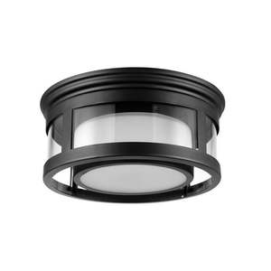 lot 6427 image: Globe Electric 1-Light Matte Black OutdoorIndoor Flush Mount with Frosted Glass Shade 44480