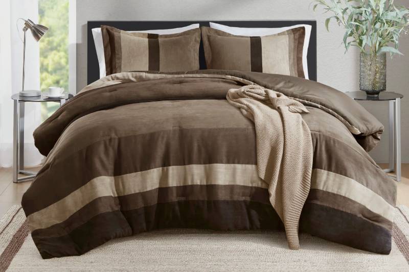 lot 96511 image: Ebern Designs Stevee Brown Striped Microsuede Plush Comforter Set - Twin XL Stock Photo For Reference, Only 1 Pillow Sham Incuded