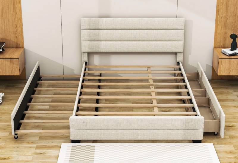 lot 96601 image: Latitude Run Hamden Queen Size Upholstered Platform Bed with Twin Size Trundle and Drawer - Beige 2 Boxes