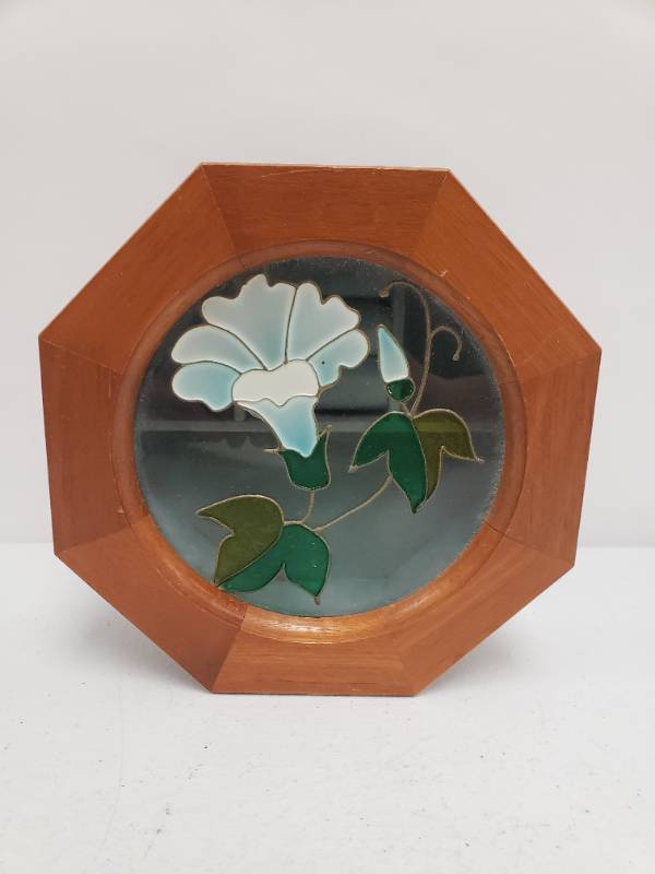 lot 966100 image: Antique Stained Glass Flower Window Velvet Lined Wooden Jewelry Box