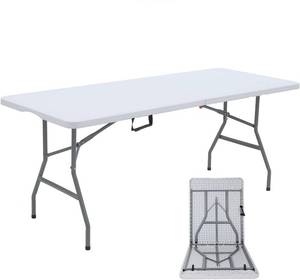 lot 6792 image: Lakhow 29 x 71 Inch White Plastic Folding Table with Built In Carrying Handle