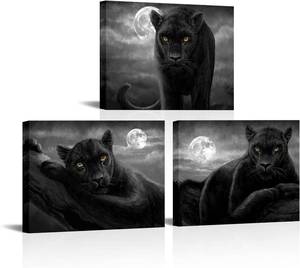 lot 6799 image: 3-Piece Full Moon Panther Canvas Wall Art Set - 12 x 16 Inch Each