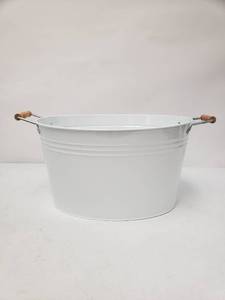 lot 6718 image: White Metal 14 x 10.5 x 8 Inch Oval Outdoor Drink Bucket with Wood Handles