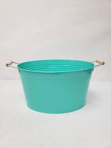 lot 6719 image: Teal Metal 14 x 10.5 x 8 Inch Oval Outdoor Drink Bucket with Wood Handles