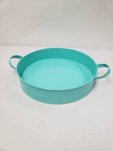 lot 6722 image: 14 Inch Round Metal Tray with Handles - Teal