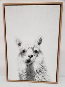 lot 6750 image: 23.5 x 33.5 Inch Llama Print Natural Wood Framed Canvas