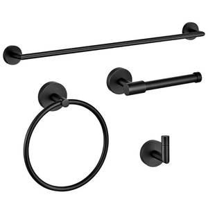 lot 6773 image: Design House Graz Park 4-Piece Bathroom Accessories Set with Towel Bar, Towel Ring, Toilet Paper Holder and Robe Hook - Matte Black - 189514