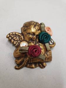 lot 67117 image: 2 Inch Gold Angel with Fabric Rose Fashion PinBrooch
