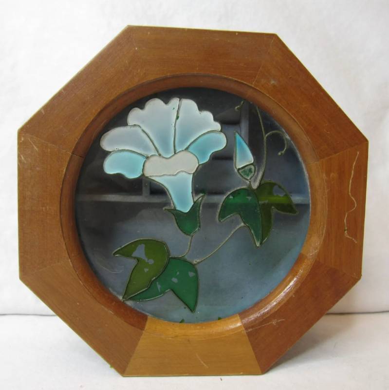 lot 966100 image: Antique Stained Glass Flower Window Velvet Lined Wooden Jewelry Box