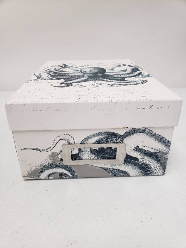 lot 966118 image: Decorative White and Blue Octopus Cardboard Storage Box with Metal Label Holder Previously Owned