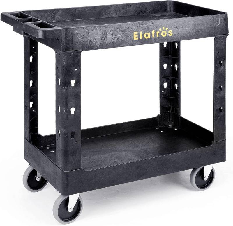 lot 96751 image: Elafros 34 x 17 Inch 2-Tier Heavy Duty Plastic 4-Wheeled Service Cart with 550lb Capacity - Black