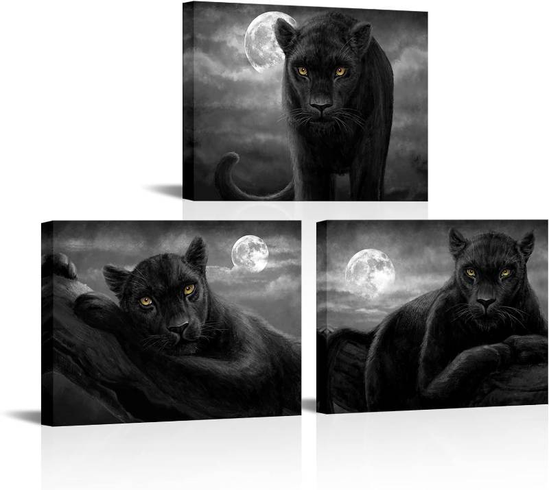 lot 96799 image: 3-Piece Full Moon Panther Canvas Wall Art Set - 12 x 16 Inch Each