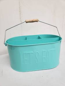lot 6808 image: Teal Metal Lets Eat Utensil Caddy