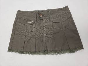 lot 6812 image: Military Green Pleated Mini Skirt with Lace Trim and Silver Embroidered Detail - Size Small