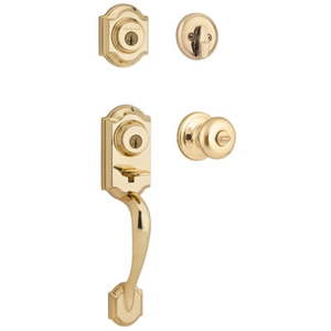 lot 6870 image: Kwikset 95530-017 Polished Brass Montara Two-Point Locking Single Cylinder Handleset With Juno Knob