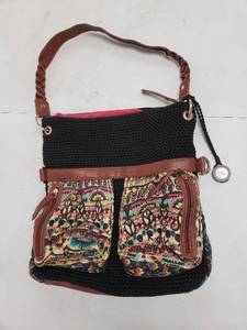 lot 6871 image: The SAK Black Crochet Purse with Peace Sign Patterned Pockets and Removable Shoulder Strap