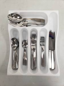 lot 6885 image: Assorted Silverware Set with White Plastic Drawer Organizer