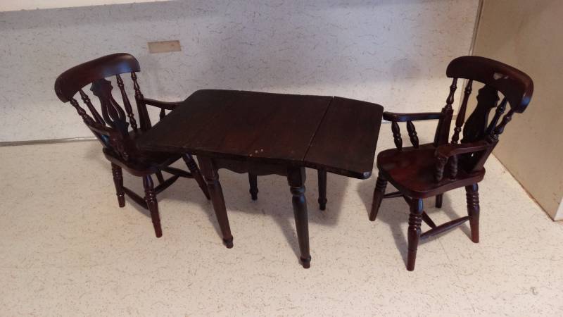 lot 242 image: Miniature Wooden Drop Leaf Table w 2-Chairs.
