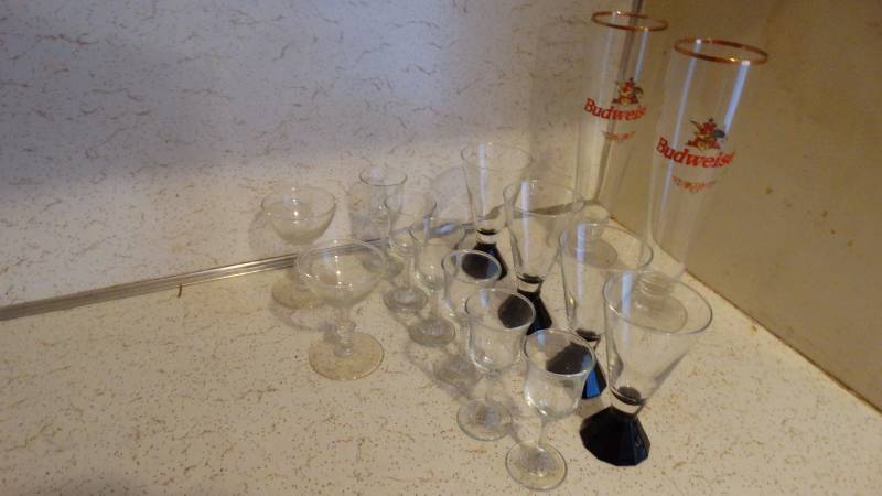 lot 249 image: Assorted to Stemware glasses and Shot glasses and 2 Budweiser glasses.