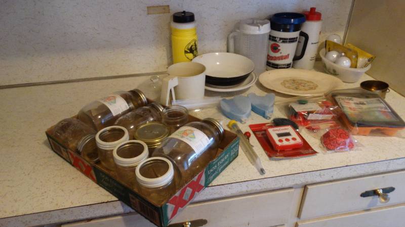 lot 250 image: Mason jars - correl baking dish - candy thermometer - more