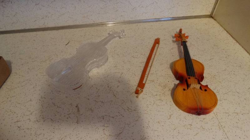 lot 263 image: 2 decorative violins - 1 wood and 1 Plastic.
