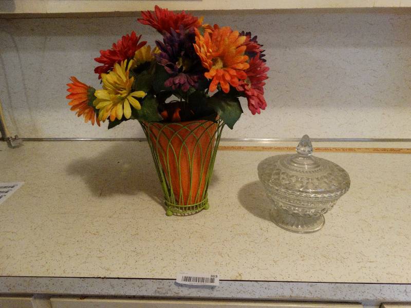 lot 363 image: Cut glass candy dish and a vase with faux flowers.