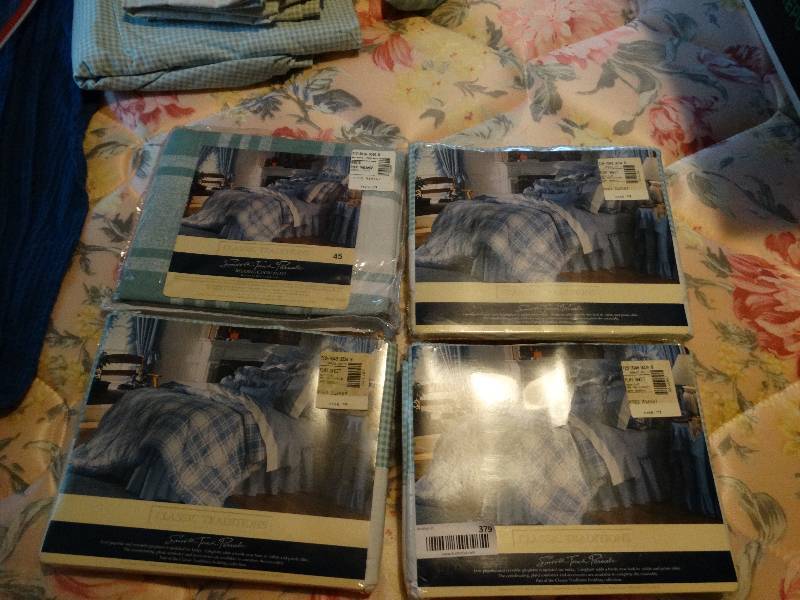 lot 378 image: 3- twin size flat sheets new  2 Valences- 1 new 1- used.