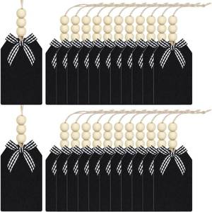 lot 66958 image: 24 Pieces, Christmas Wood Stocking Name Tags - Buffalo Plaid with Rope & Wooden Beads Mini Hanging Chalkboard Tags for Xmas Home (Black Card White Black Plaid Bow, 3 x 2)