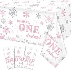 lot 66980 image: 3Pcs Christmas Winter Onederland 1st Birthday Tablecloth Disposable Pink and Silver Snowflake Plastic Table Cloths Cover for Winter Onederland 1st Birthday Girls Holiday Party Decorations,54 x108 inch