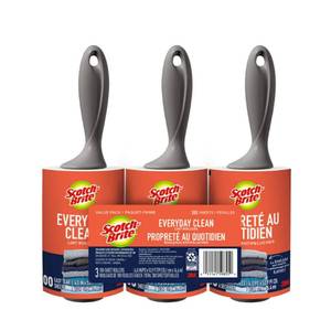 lot 66982 image: Scotch-Brite Lint Roller, Works Great on Pet Hair, Clothing, Furniture and More, 3 Rollers, 100 Sheets Per Roller, 300 Sheets Total