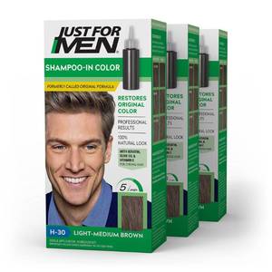 lot 66992 image: Just For Men Shampoo-In Color (Formerly Original Formula), Mens Hair Color with Keratin and Vitamin E for Stronger Hair - Light-Medium Brown, H-30, Pack of 3
