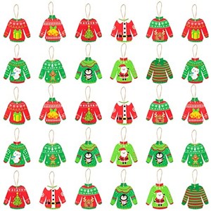 lot 67785 image: Haooryx 31pcs Ugly Sweater Hanging Wood Ornaments, Winter Ugly Sweater Wooden Craft Cutouts Tree Hanging Decoration Pendant Tag with Ropes for Winter Holiday Party Decor Favor Supplies