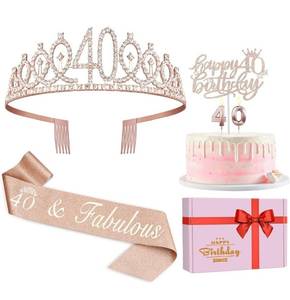 lot 67802 image: 40th Birthday Gifts for Women, Including 40th Birthday CrownTiara, Sash, Cake Topper and Candles, 40th Birthday Decorations Women