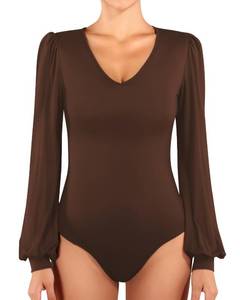 lot 67813 image: MANGOPOP Womens Bodysuit Long Sleeve V Neck Body Suit for Women Puff Sleeve Ribbed Bodysuits Shirts Size Small
