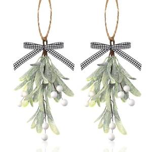 lot 67823 image: Artificial Mistletoe Pick Buffalo Plaid Bow White Berries Mistletoe Kissing Ball Christmas Mistletoe Hanging Ornament Christmas Tree Ornaments for Christmas Party Tree Decorations (2 Pieces) (2)
