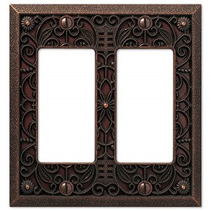 lot 67824 image: Amerelle 65RRDB Filigree Wallplate, 2 Rocker, Cast Metal, Aged Bronze, 1-Pack