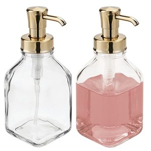 lot 67853 image: mDesign Square Glass Refillable Liquid Soap Dispenser Pump Bottle for Bathroom Vanity Countertop, Kitchen Sink - Holds Hand Soap, Dish Soap, Hand Sanitizer, Essential Oils - 2 Pack - ClearSoft Brass