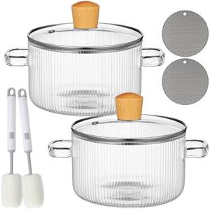 lot 67855 image: Tioncy 2 Pcs Clear Glass Pots for Cooking on Stove 1.3 L 44 oz Glass Saucepan with Lid Handle Simmer Pot Handmade Cookware Borosilicate Glass Cooking Pot with Brushes and Silicone Mats (Ribbed)