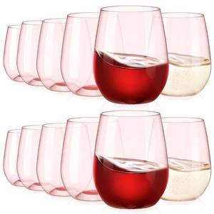 lot 67863 image: Tioncy 12 Pcs Stemless Wine Glasses Colored Plastic Reusable Wine Glasses Unbreakable Party Wine Glasses Cups for Indoor Outdoor Wedding Birthday Cocktail Champagne Drink Supplies,14 Oz(Crystal Pink)