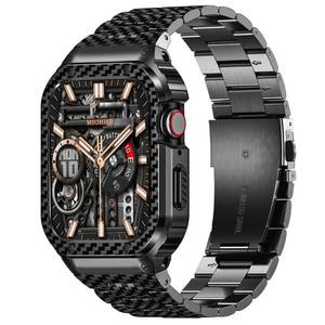 lot 67873 image: MioHHR Stainless Steel Band and Case Compatible with Apple Watch Band 45mm, Men Metal Protective Bumper Cover for iWatch Series 987
