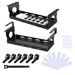 lot 67882 image: Under Desk Cable Management Tray, Wire Management Under Desk, Cable Brackets with Clips, 16.5x6x6 inch Black - Set of 2