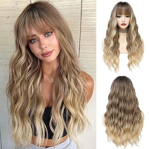 lot 67885 image: VERNA Blonde Wavy Wig with Bangs for Women, 26 Inch Long Blonde Wigs with Bangs for Women, Natural Looking Curly Blonde Wig, Heat Resistant Synthetic Wig, Middle Part Ombre Blonde Wavy wig for Daily